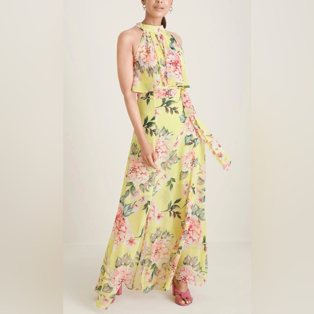 Eliza J Halter Popover Yellow Floral Maxi Dress size 0 Wedding Graduation Event
